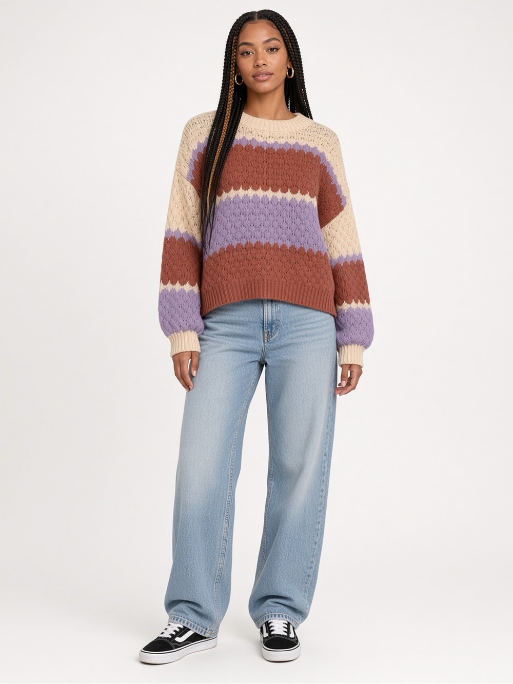 debut Colorblock Knit Sweater L Cream Rust Lavender Slits